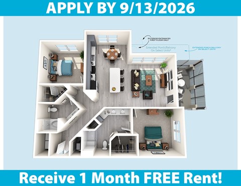 Floor plan for 2 beds, 2 baths, 1166 sqft